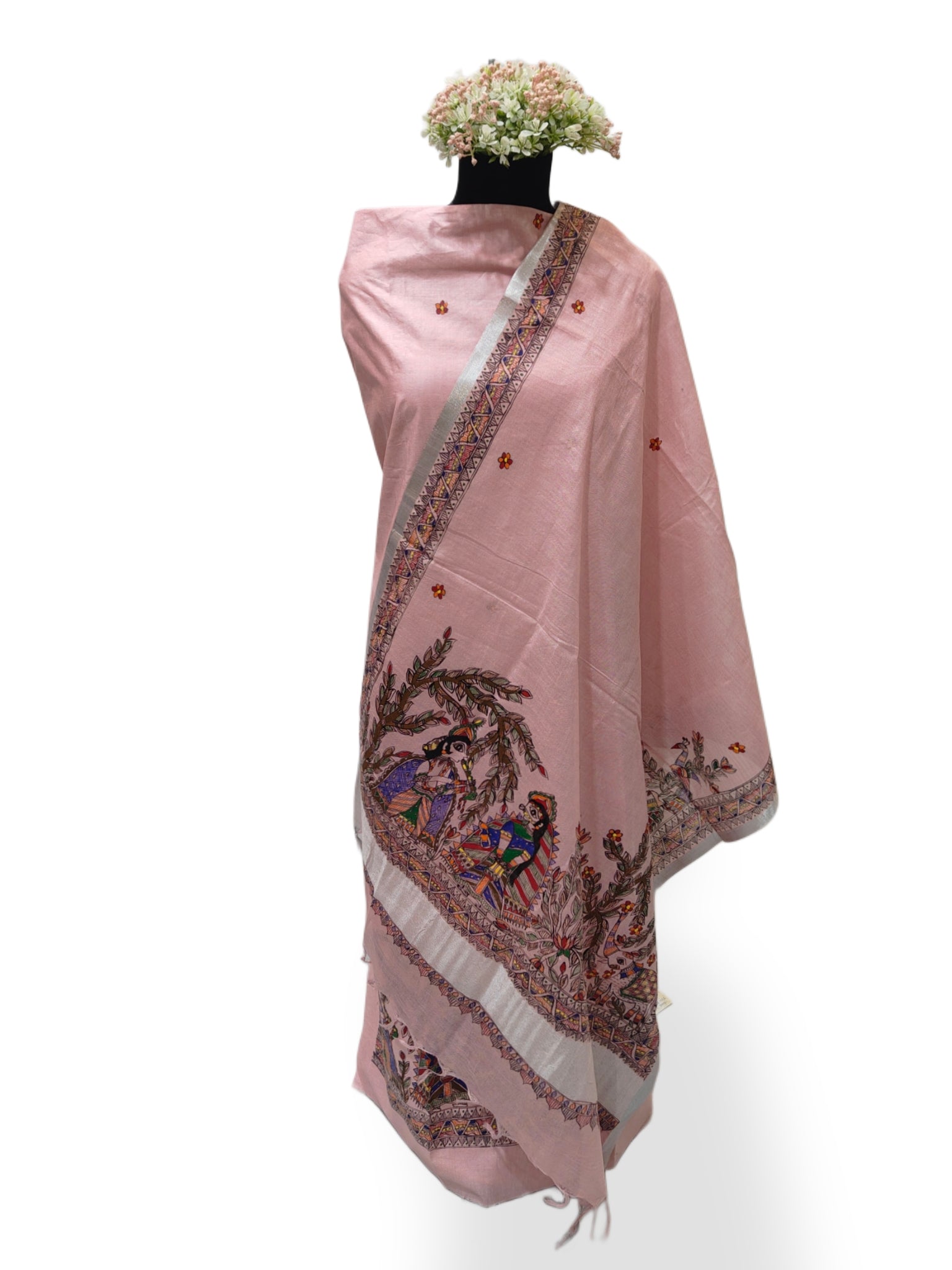 Hand-painted Madhubani Radha Krishna Unstitched Suit Set on Cotton in Blush Pink